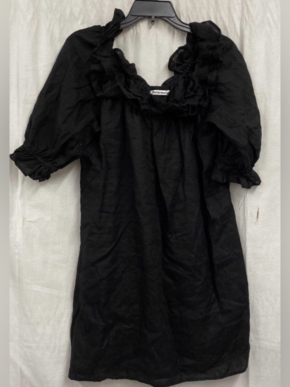 Reformation Cherise Black 100% linen Ruffled Square-Neck Dress